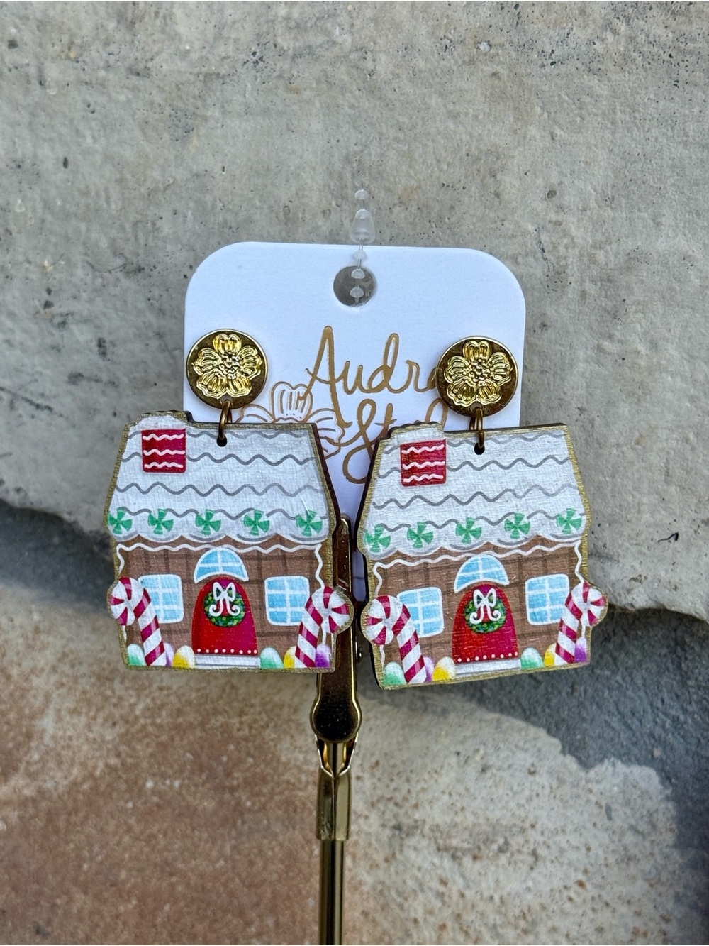 Gingerbread House Holiday Earrings - White & Brown - Handed Painted - Quality